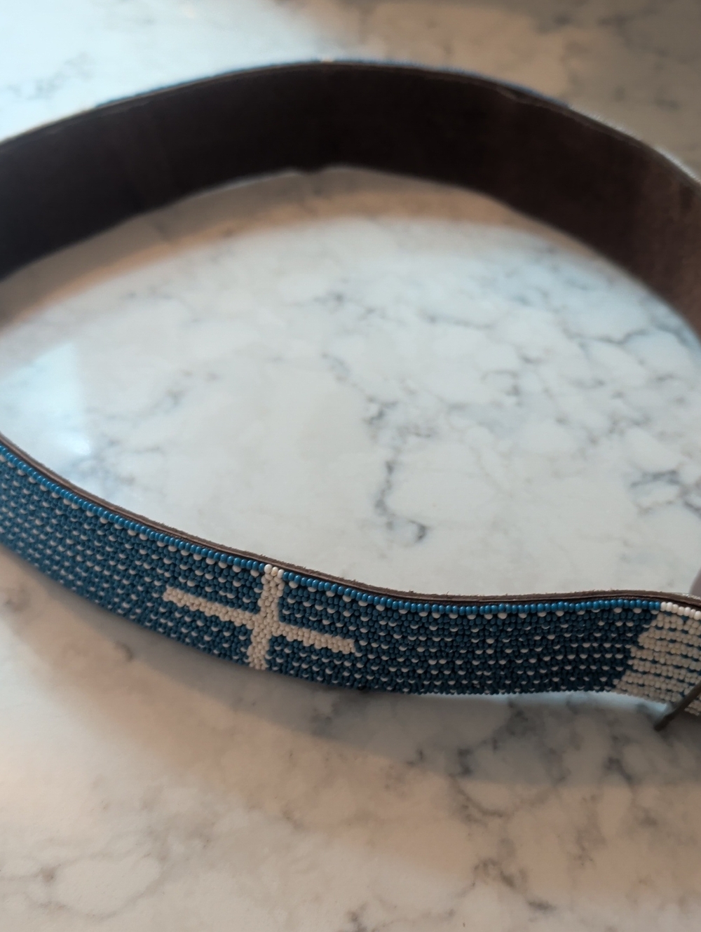 Hand Beaded Blue Leather Belt with Cross Detail
